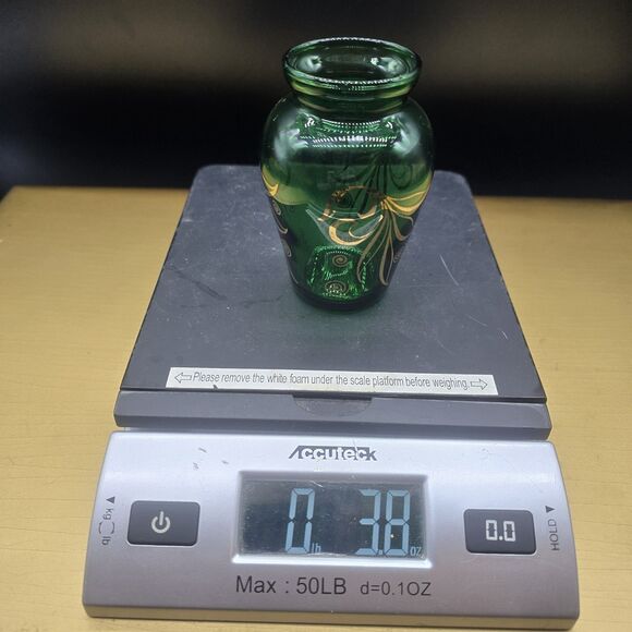 VTG Forest Green Depression Glass Vase Embellished w Gold Gilt Leaves 3.5" tall - Picture 8 of 8